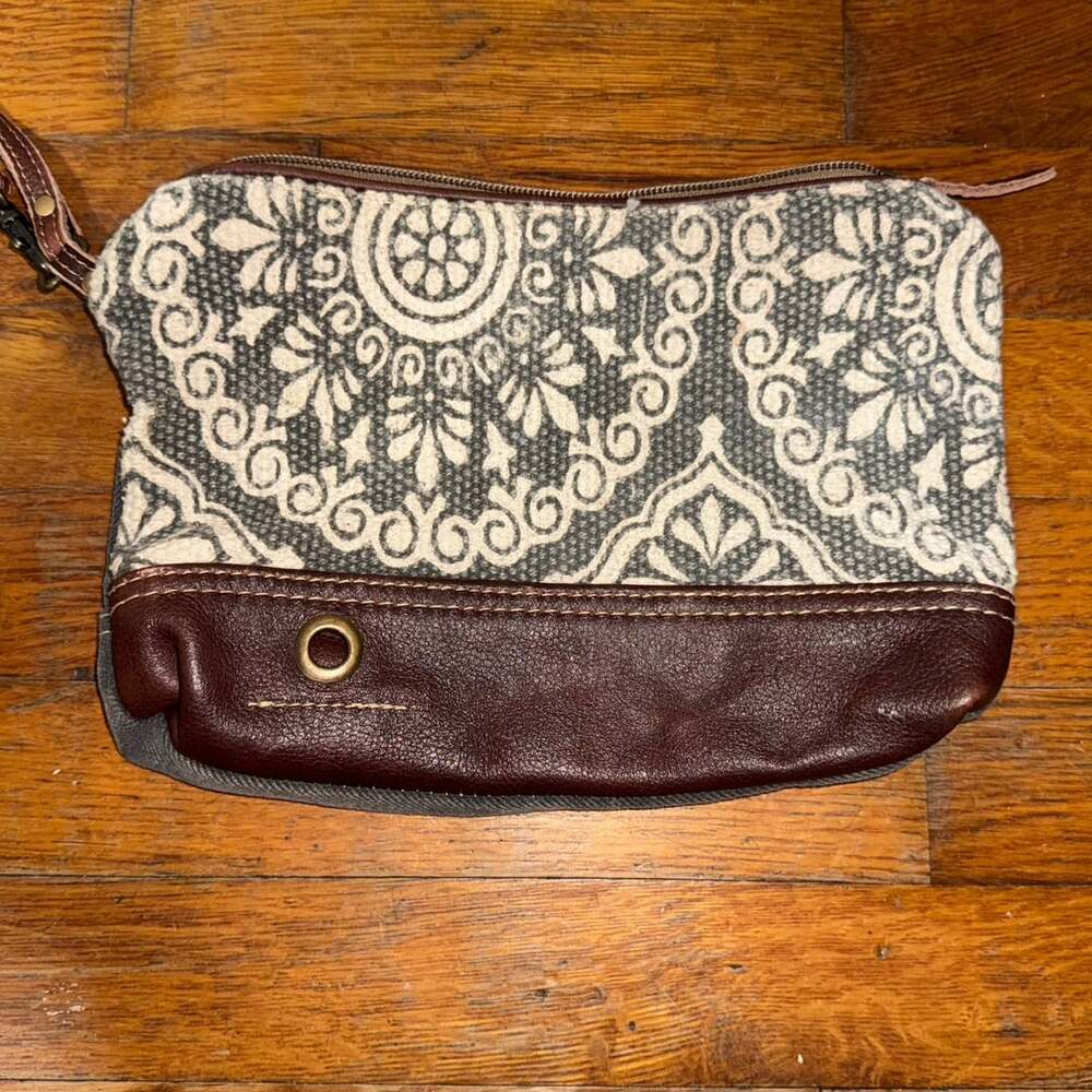 Myra Bag Canvas Wristlet Pouch with Leather Trim and Zipper Closure